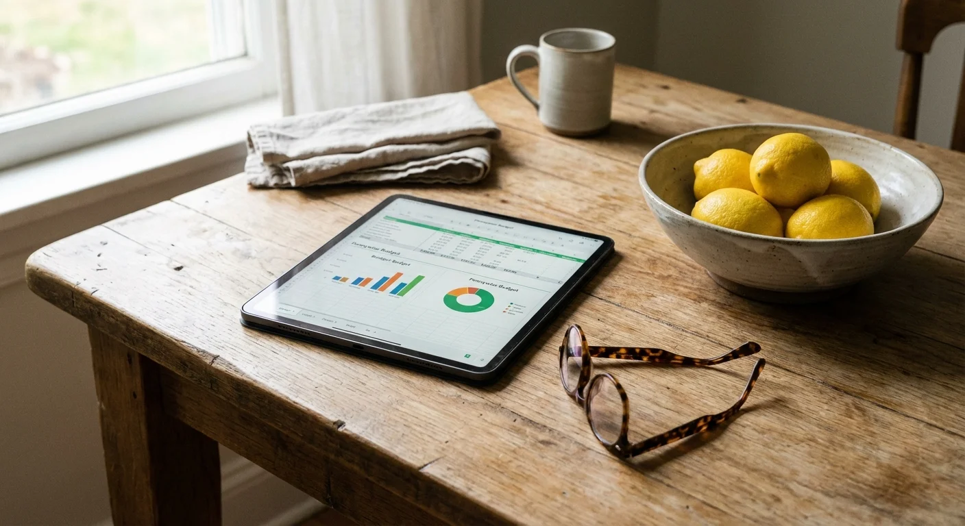A digital tablet with a budget app next to fresh lemons on a wooden table.