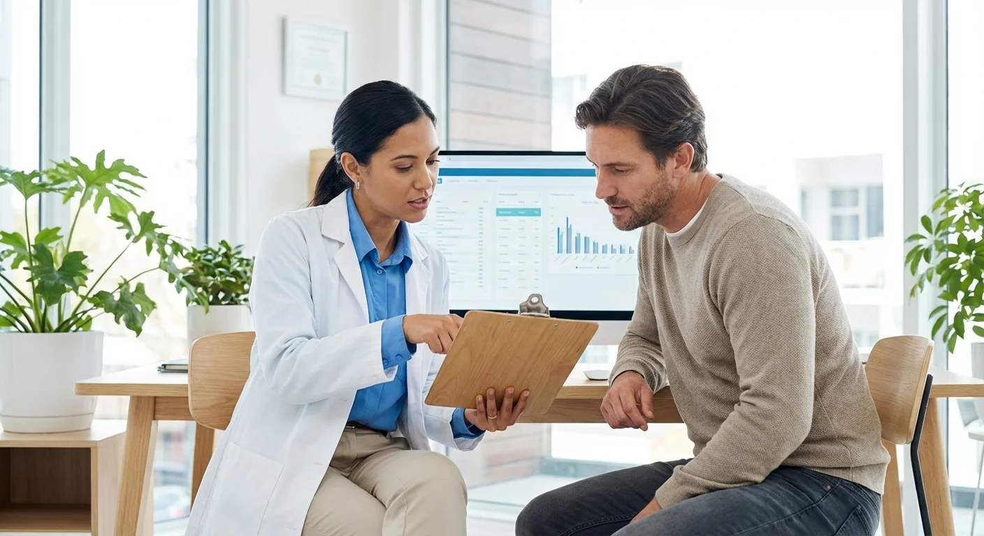 A doctor and patient discussing a document together in a bright, modern office.