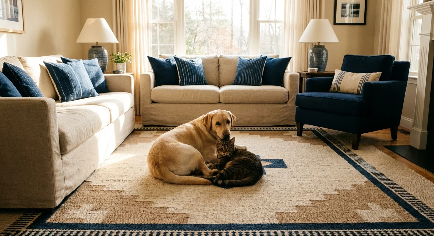 A dog and a cat sitting together on a rug, highlighting the comparison between different pet costs.