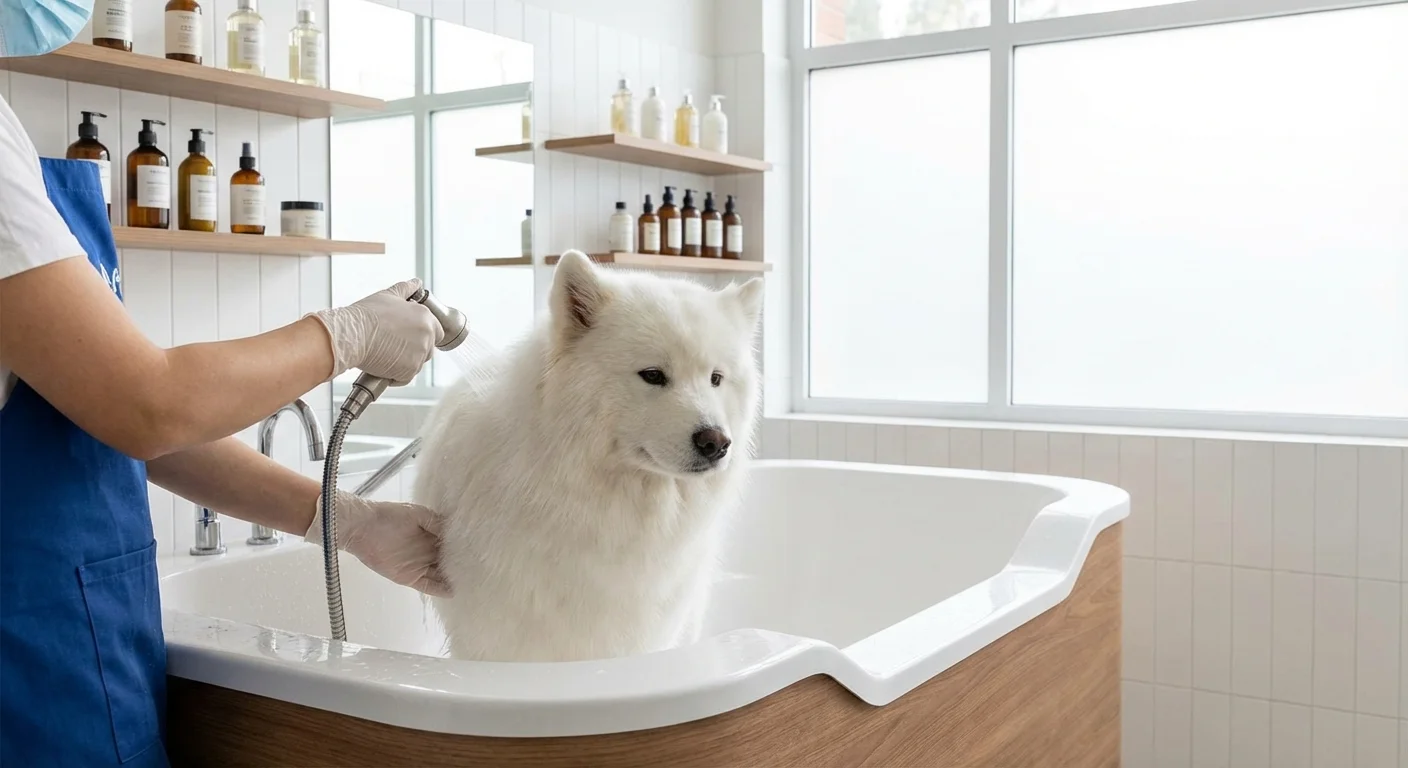 A dog being professionally groomed, representing the cost of specialized pet services.
