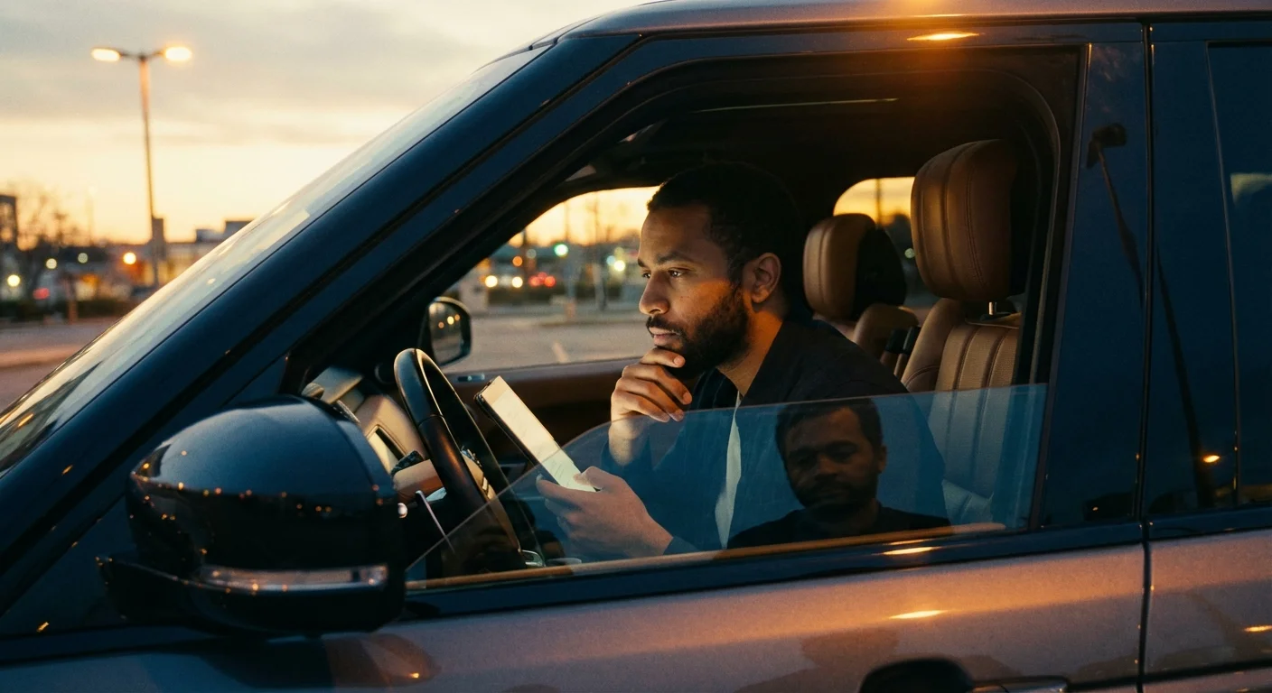 A driver looking thoughtfully at a tablet while parked, illustrating the need for careful insurance choices.