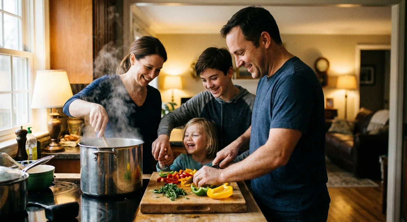 A family happily cooking a healthy meal together in a warm kitchen.