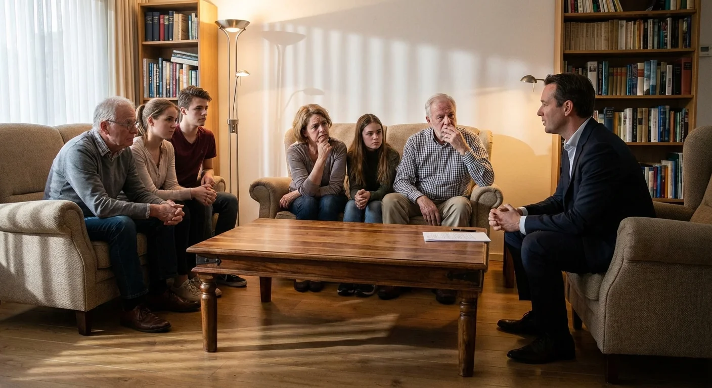 A family having a serious discussion in a living room, representing planning for potential challenges.