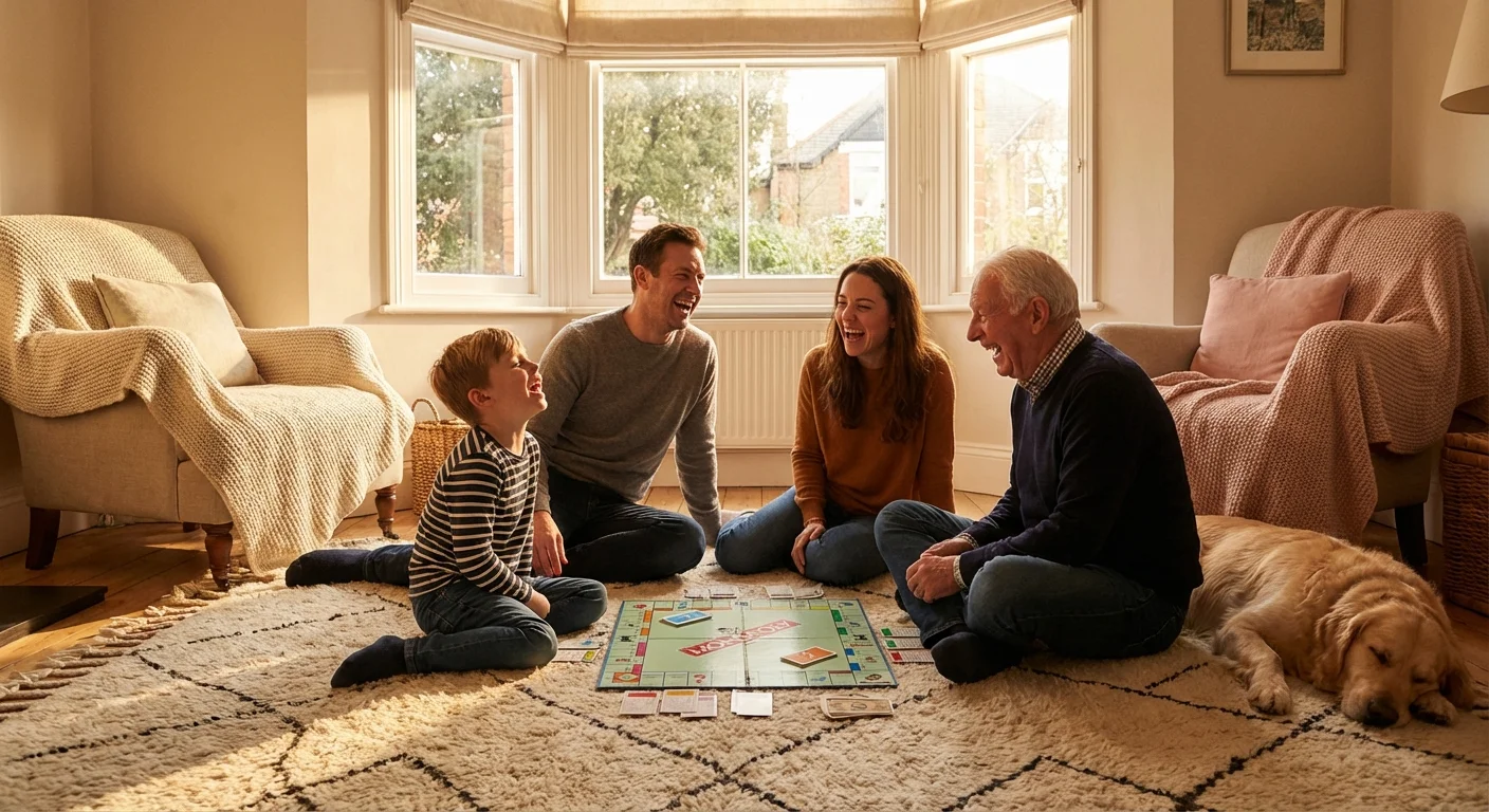 A family laughing while playing a board game on the floor of their living room.
