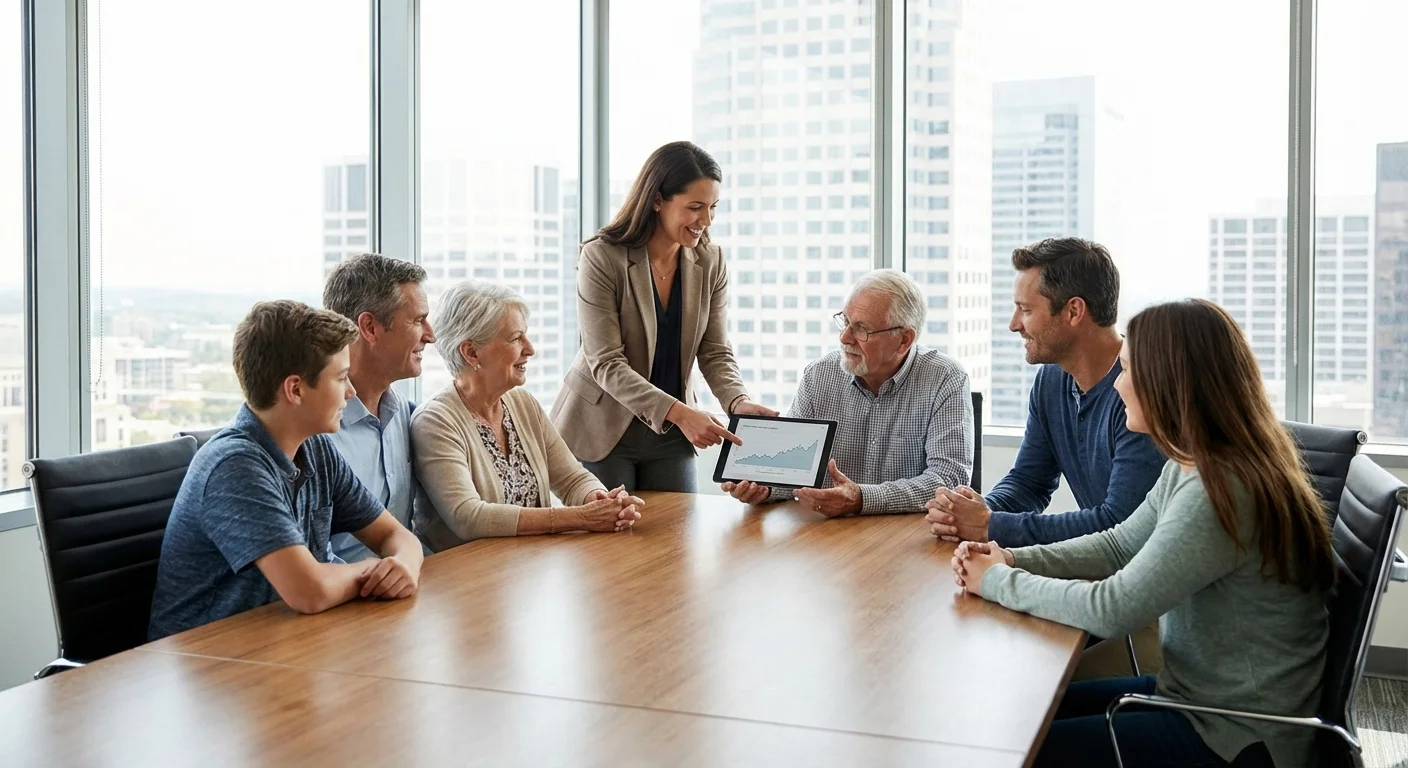 A family meeting with a financial advisor in a modern, sunlit office.