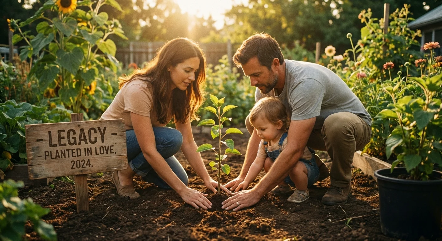 A family planting a tree together, symbolizing the growth and long-term protection of a living trust.