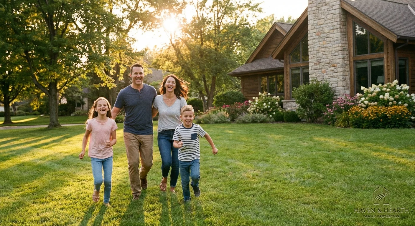 A family playing in their green backyard during a golden hour sunset.