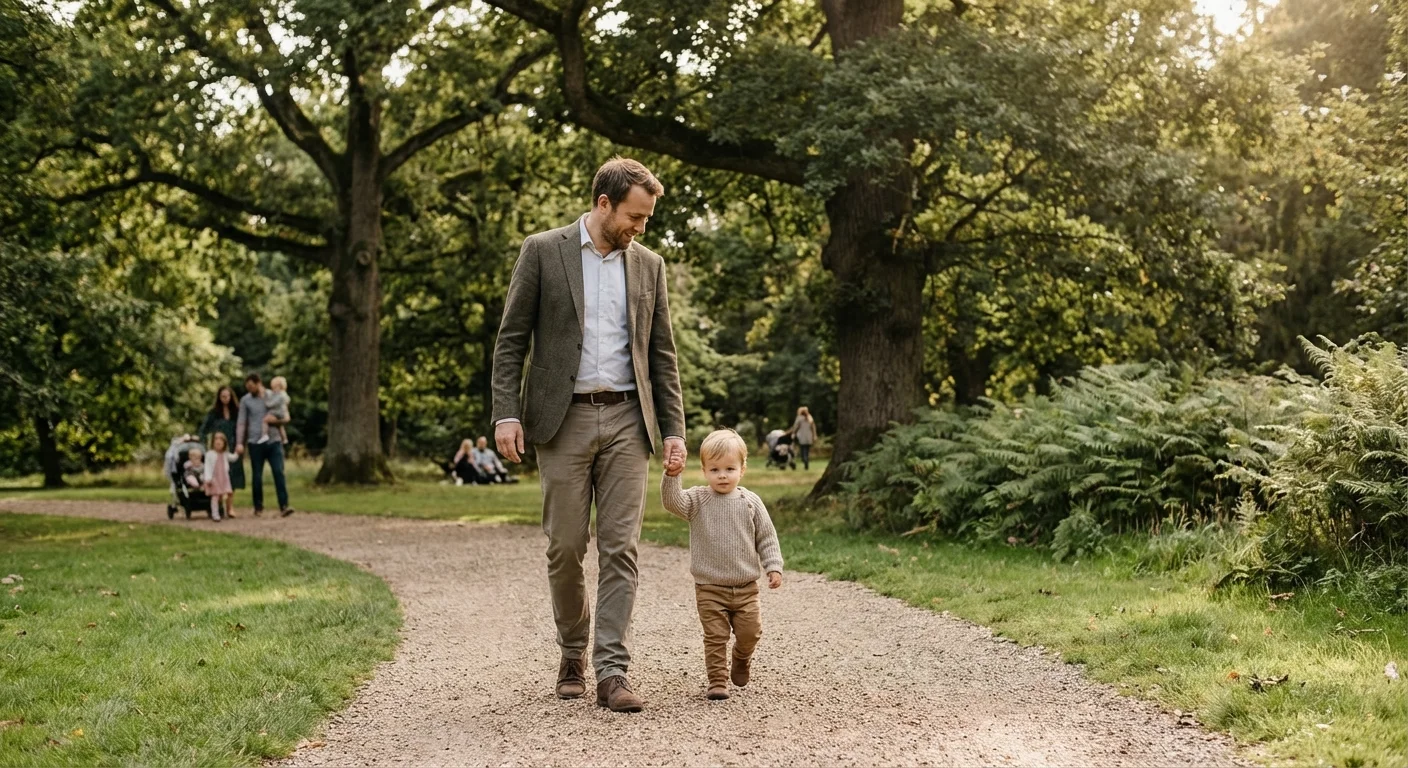 A father and child walking in a sunny park, representing the peace of mind that comes with health coverage.