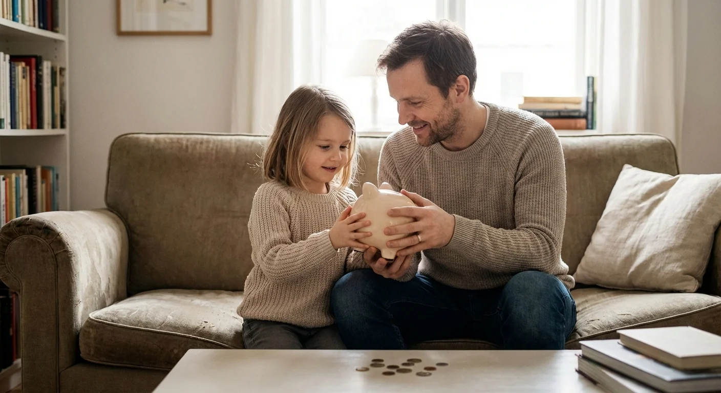 A father and daughter having a gentle conversation over an empty piggy bank.