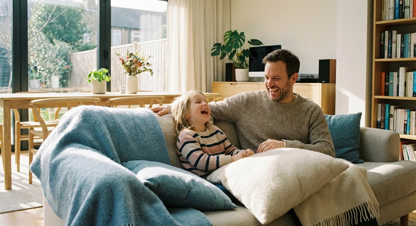 A father and daughter laughing together in a bright, modern living room.