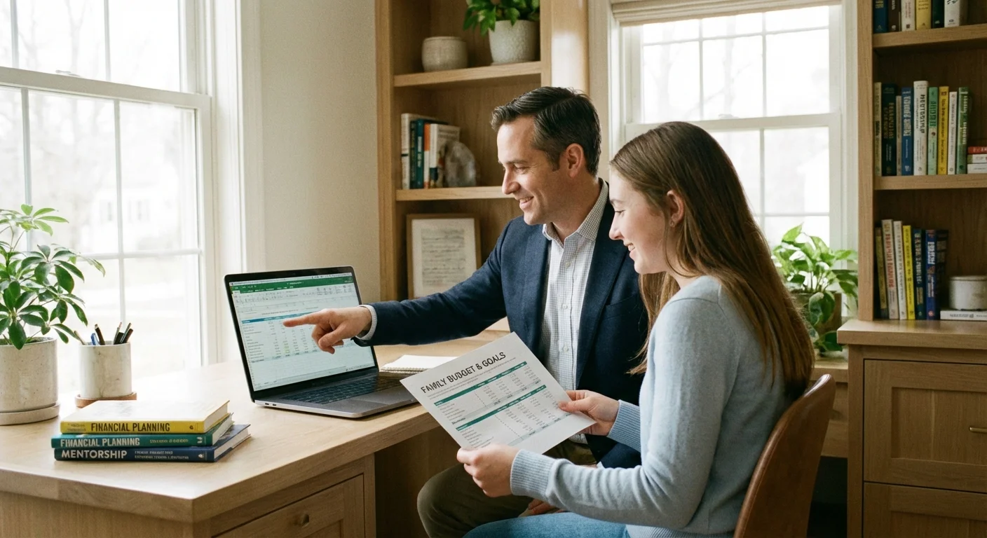 A father and daughter reviewing a budget together on a laptop and paper in a home office.