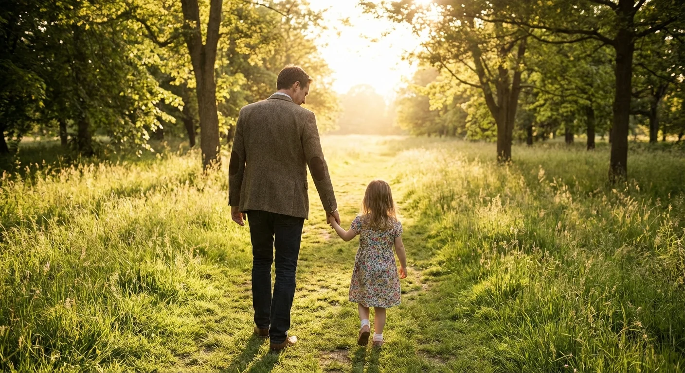 A father and daughter walking together in a park, representing the protective role of a parent.
