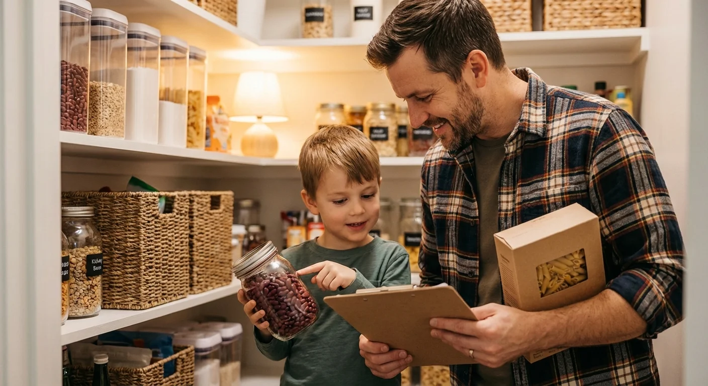 A father and son checking food supplies in a neatly organized pantry.