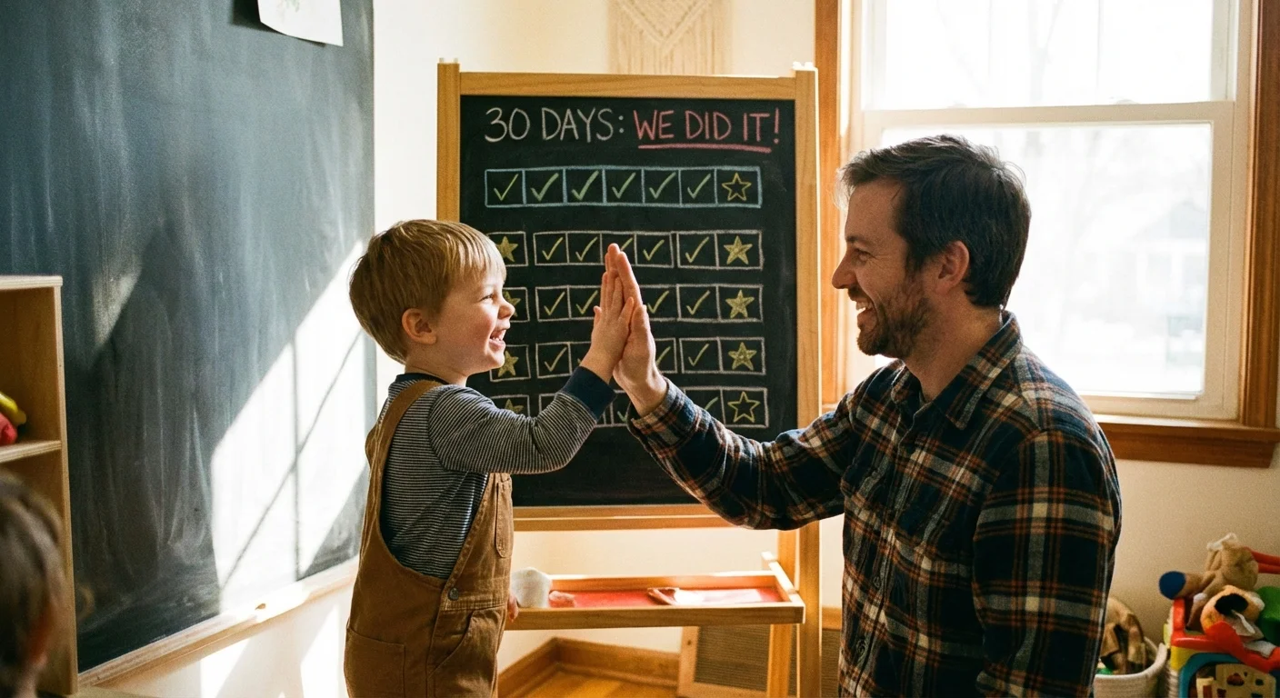 A father and son high-fiving in front of a 30-day progress tracker.