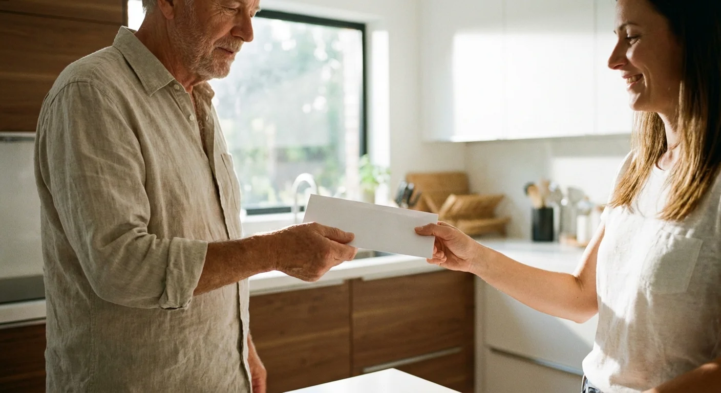 A father handing an envelope to his daughter in a bright kitchen, symbolizing an annual tax-free gift.