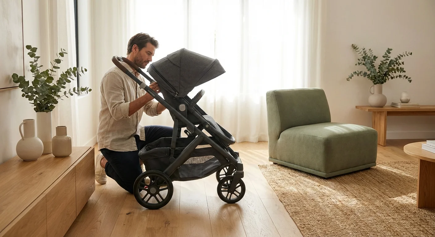 A father inspecting a modern stroller in a minimalist, sun-drenched living room.