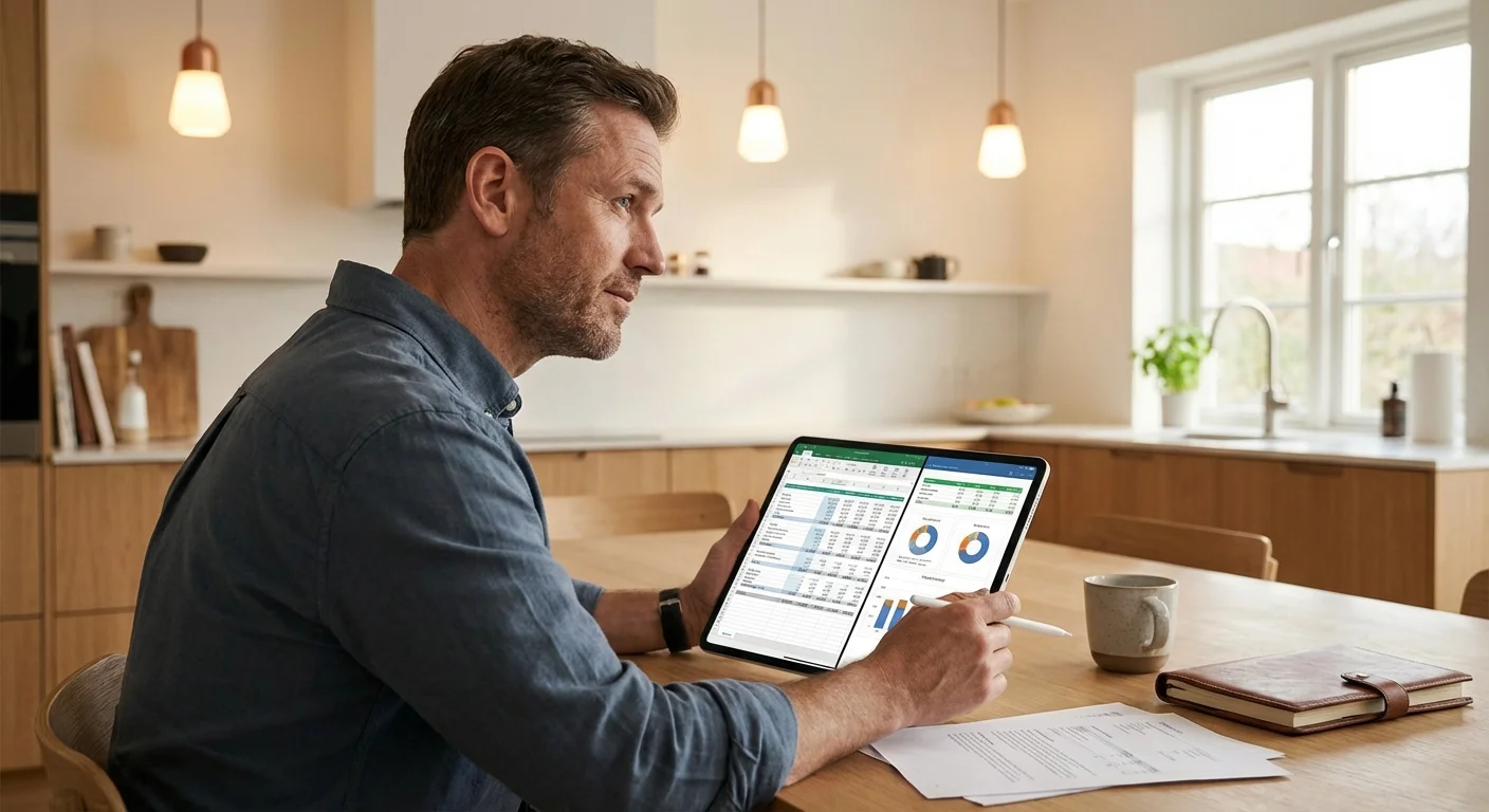 A father reviewing financial options on a tablet in a modern kitchen.