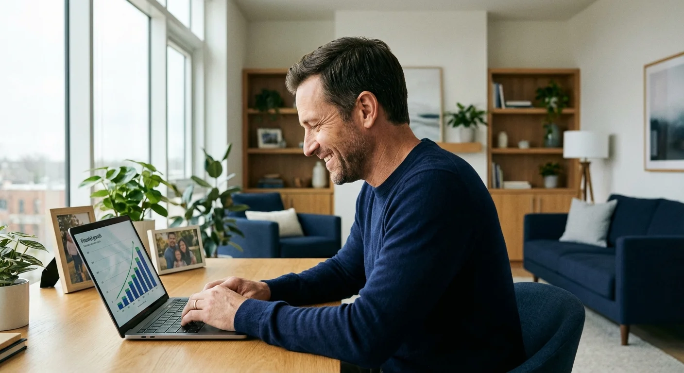 A father smiles at his laptop screen in a bright home office, representing financial growth.