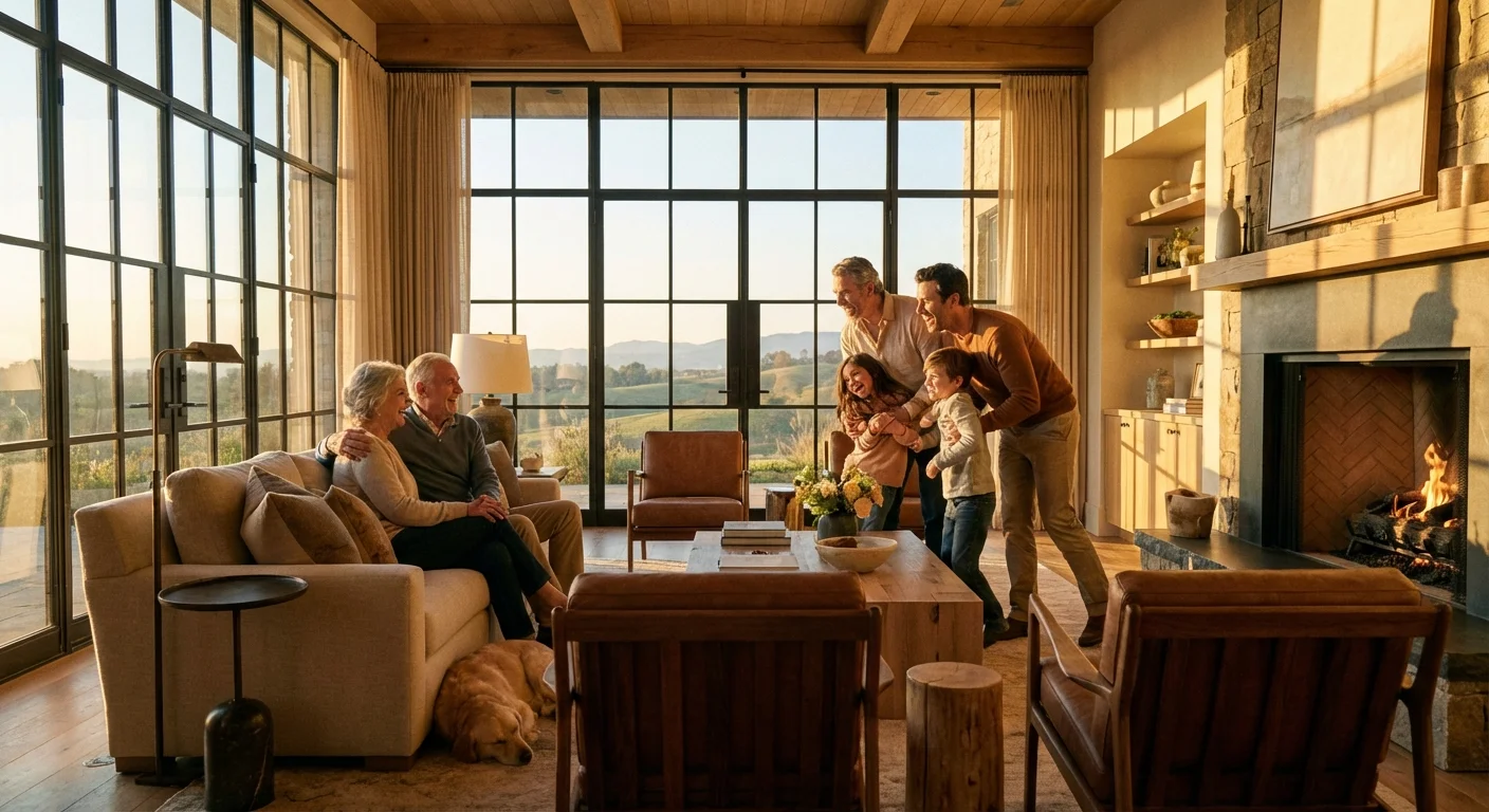 A father smiling while looking at financial information on a laptop.