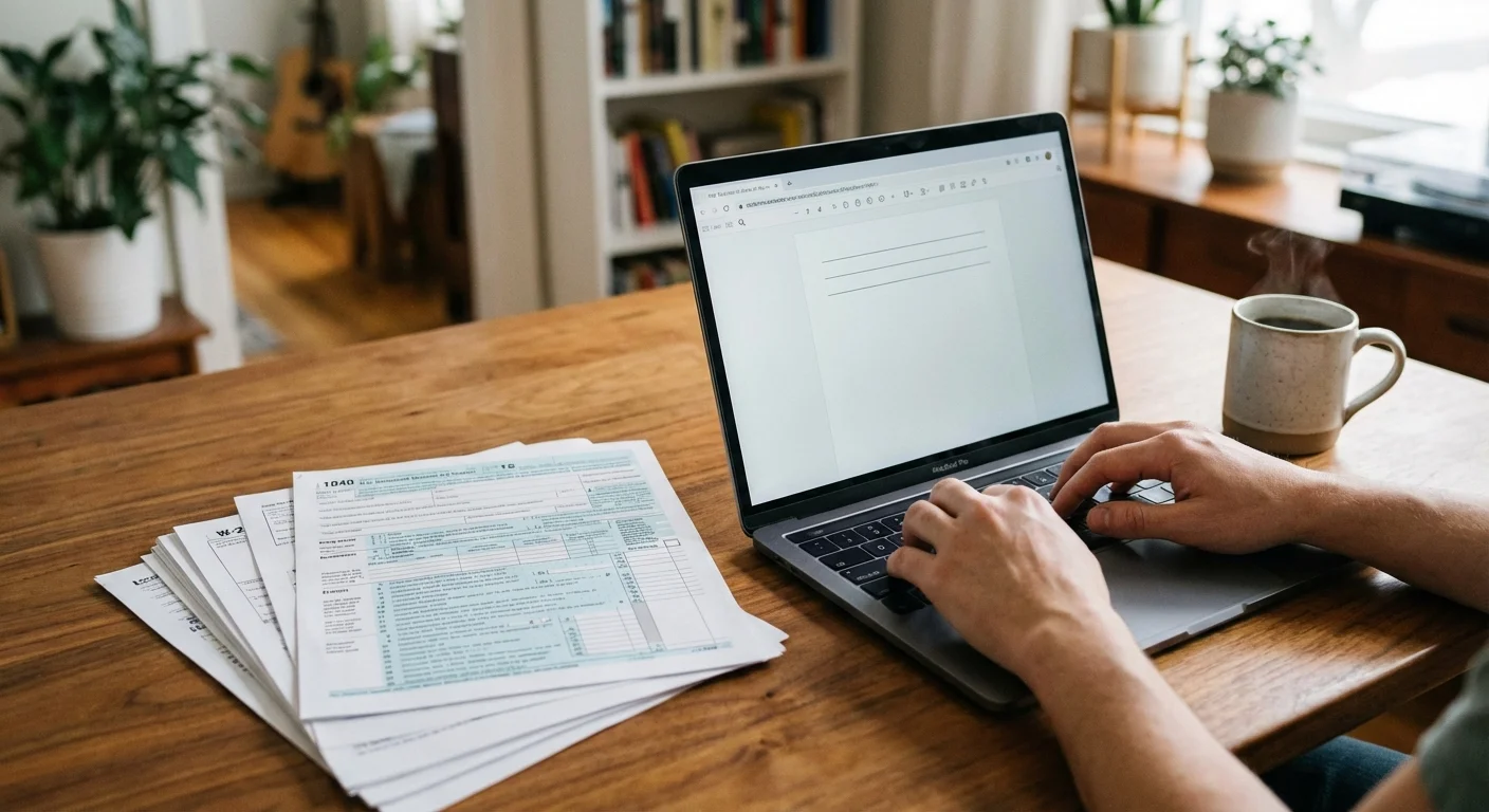 A father working on a laptop while his child draws nearby, representing family-related tax rules.