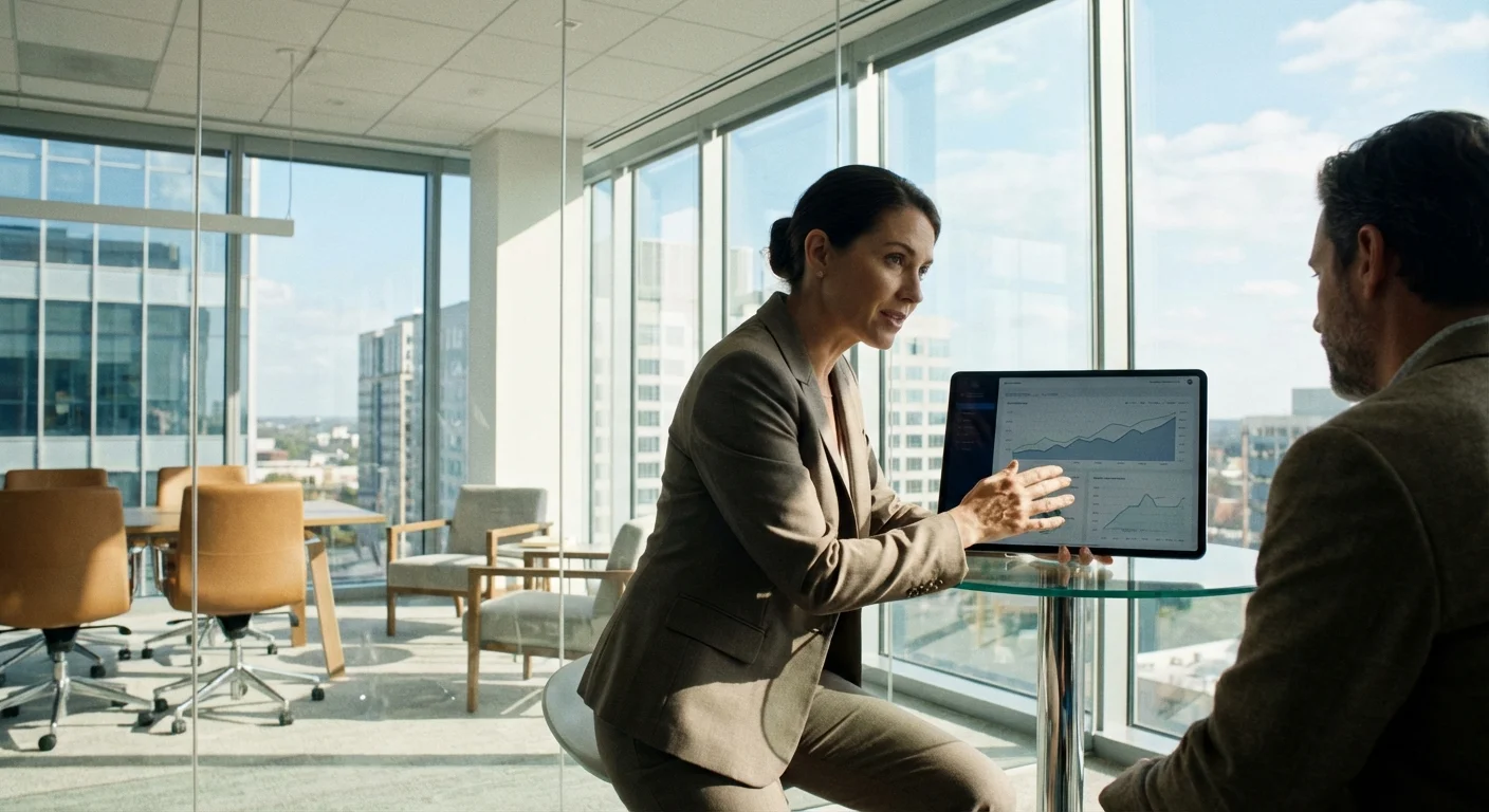 A financial advisor and client shaking hands in a bright, professional office.
