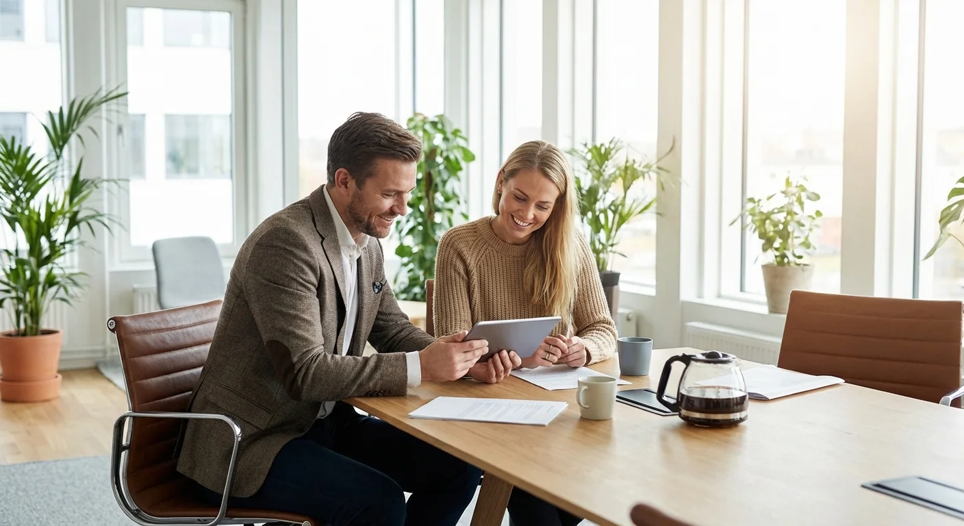 A financial advisor and client smiling while looking at a tablet in a bright office.