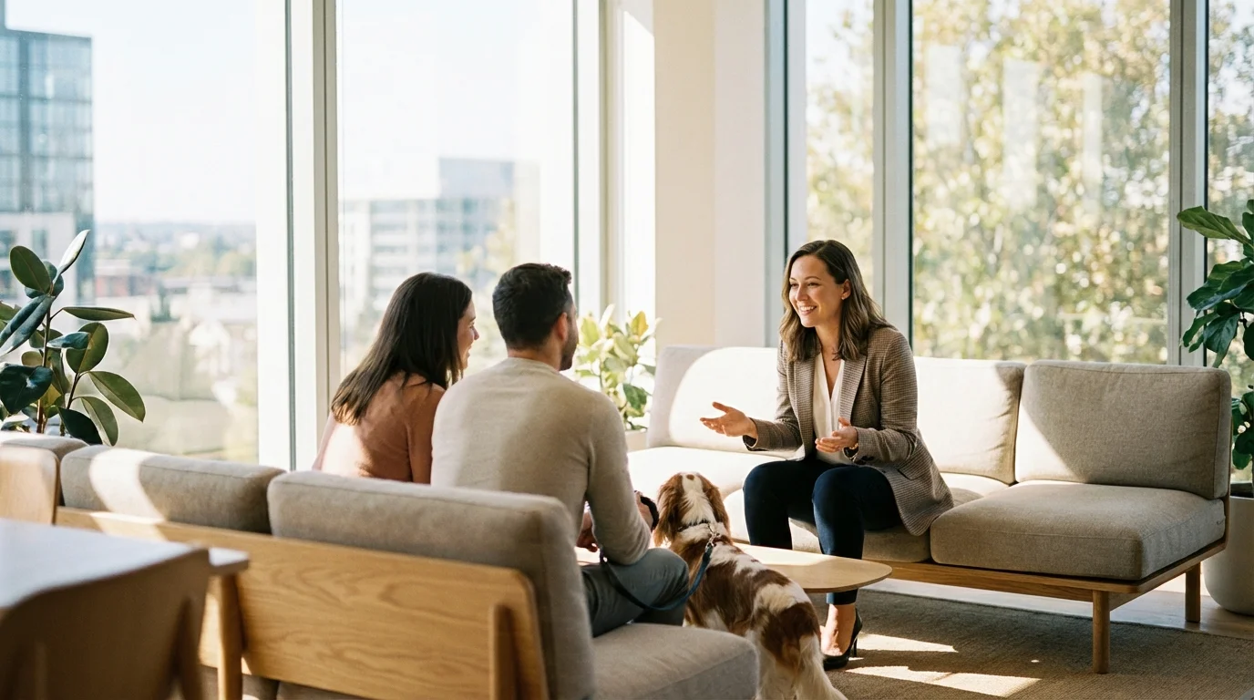 A financial advisor speaks with a couple and their dog in a bright, modern office.
