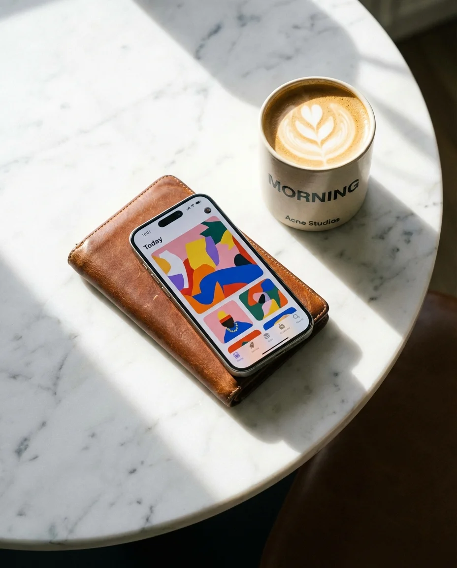 A flat lay of a leather wallet, smartphone, and coffee on a marble table.