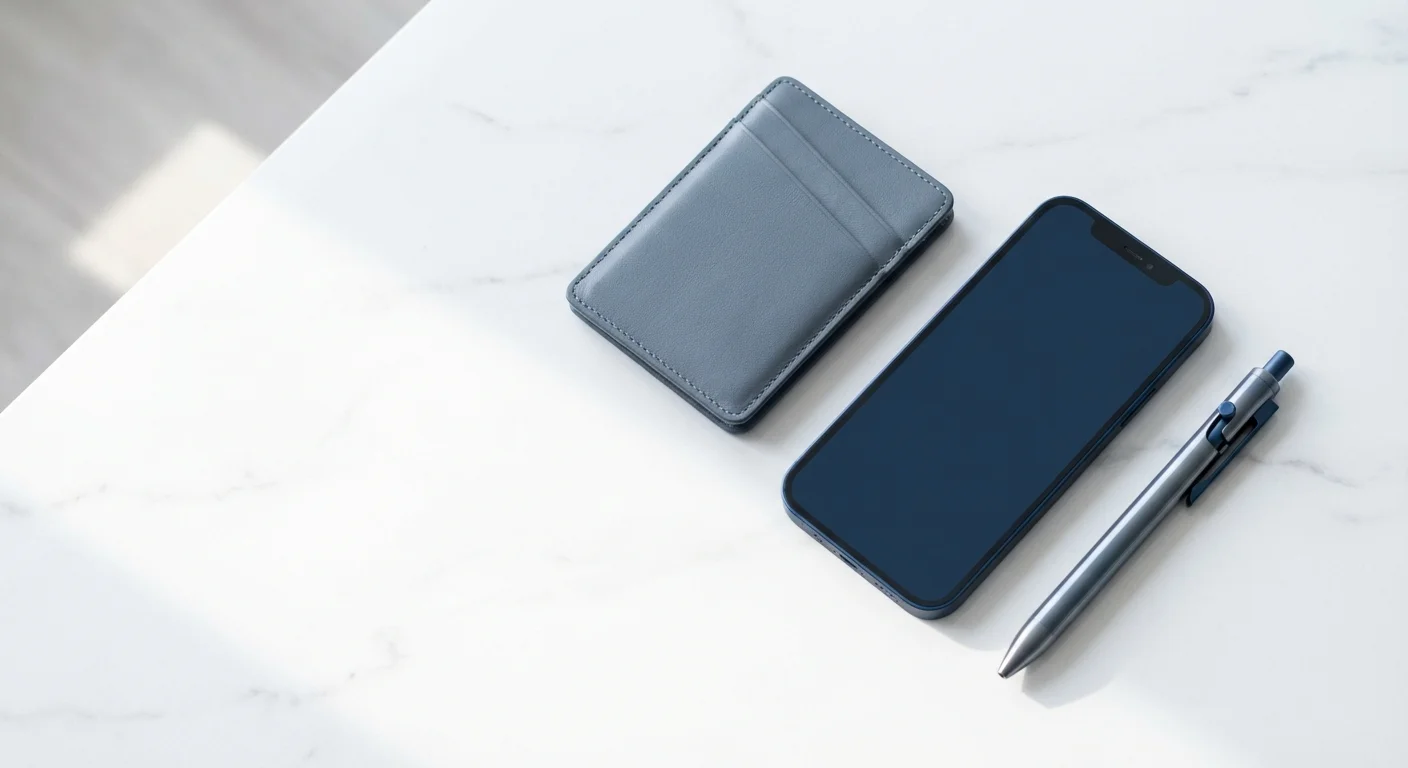 A flat lay of a leather wallet, smartphone, and pen on a marble surface.