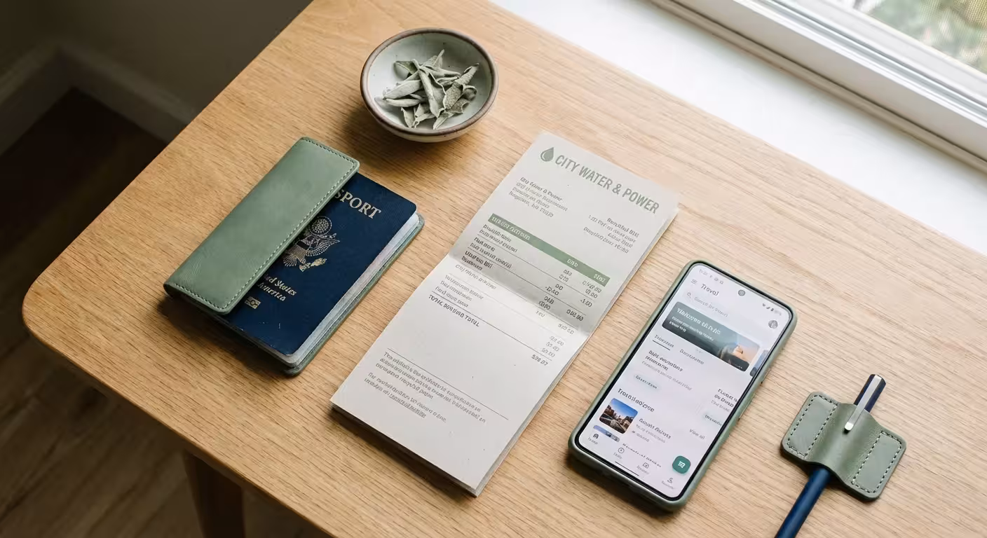 A flat lay of a passport and documents on a light wood surface.