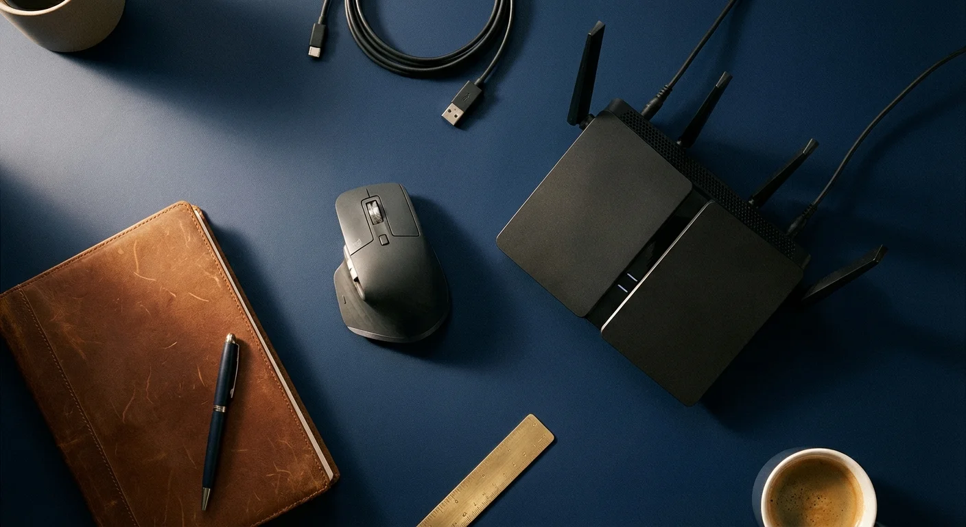 A flat lay of professional office accessories including a mouse, router, and notebook.
