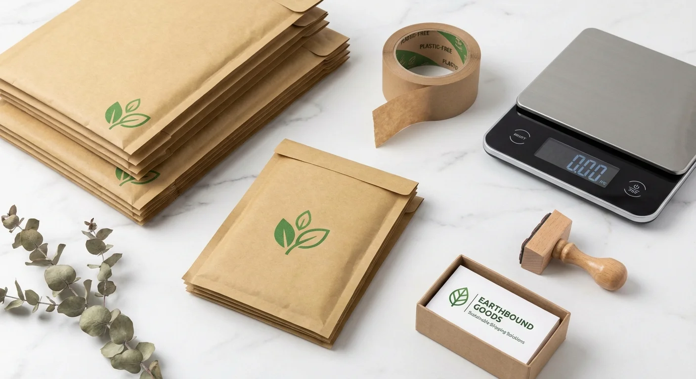 A flat lay of professional shipping and business supplies on a white surface.