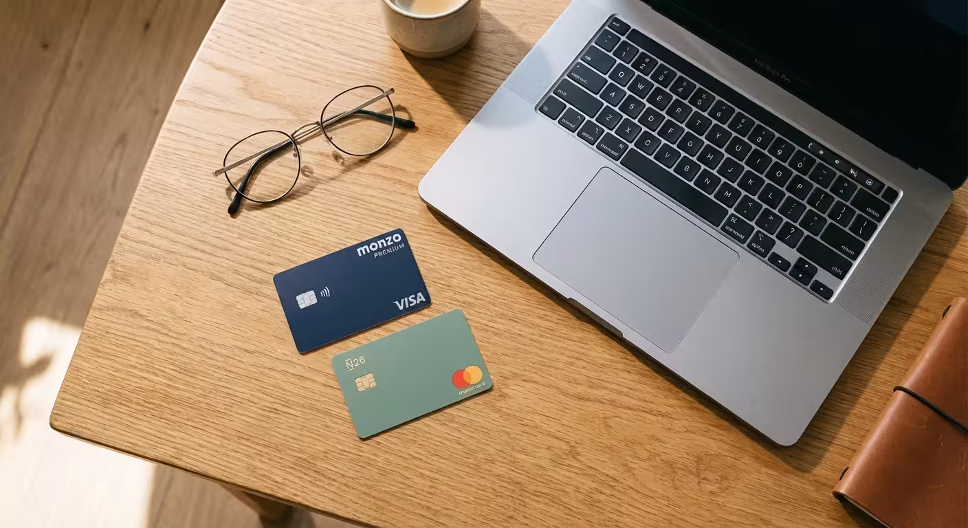 A flat lay of two different banking cards on a wooden desk, symbolizing the comparison of financial options.