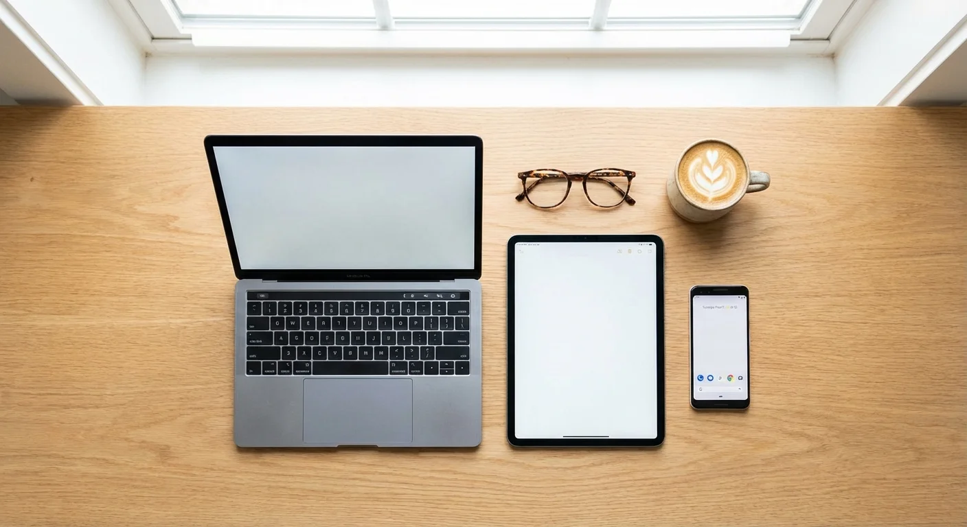 A flat-lay of various digital devices arranged neatly on a wooden desk.