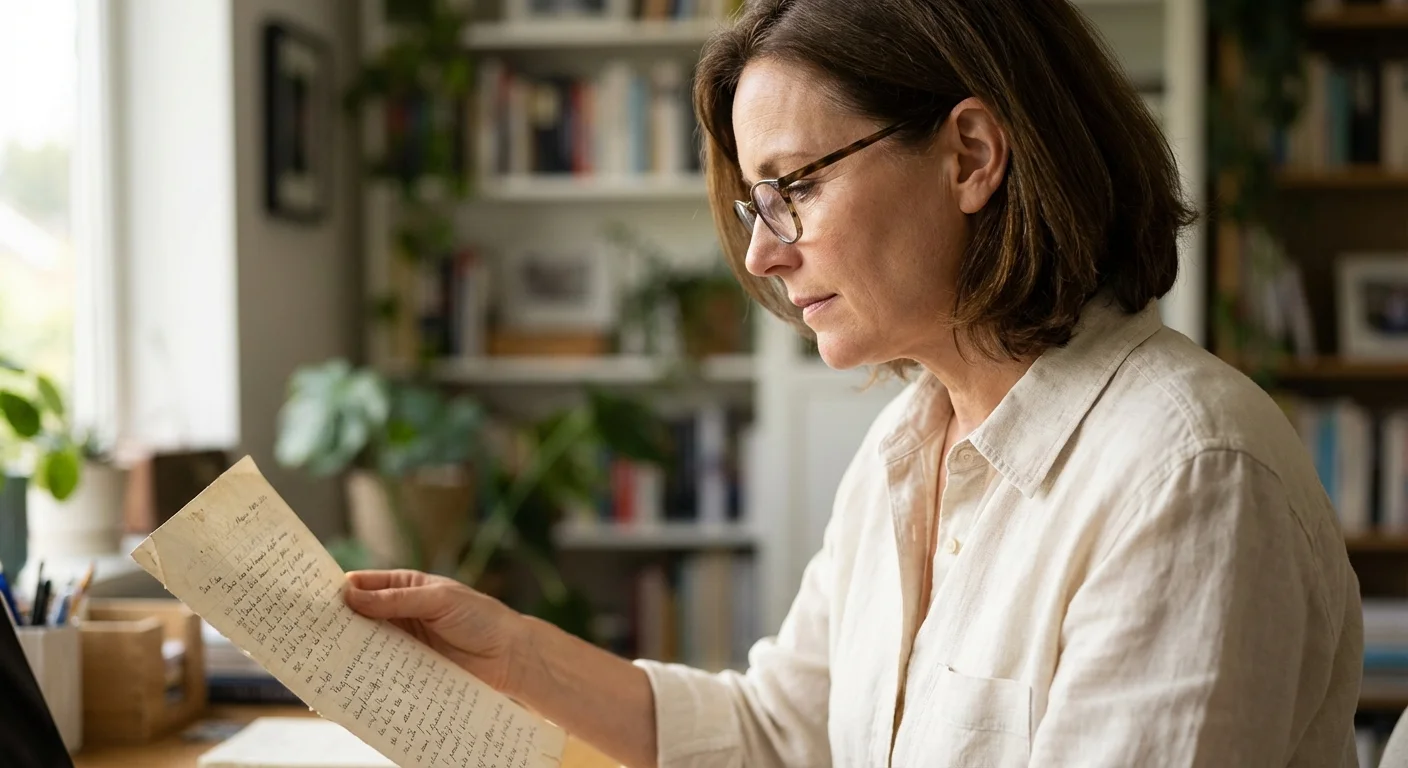 A focused woman reviewing a document in a bright home office.