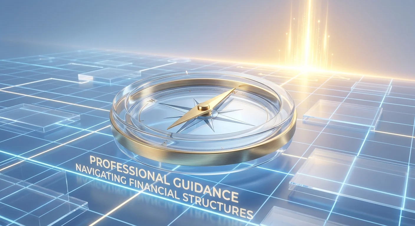 A glass and gold compass pointing toward a glowing light on a digital grid.
