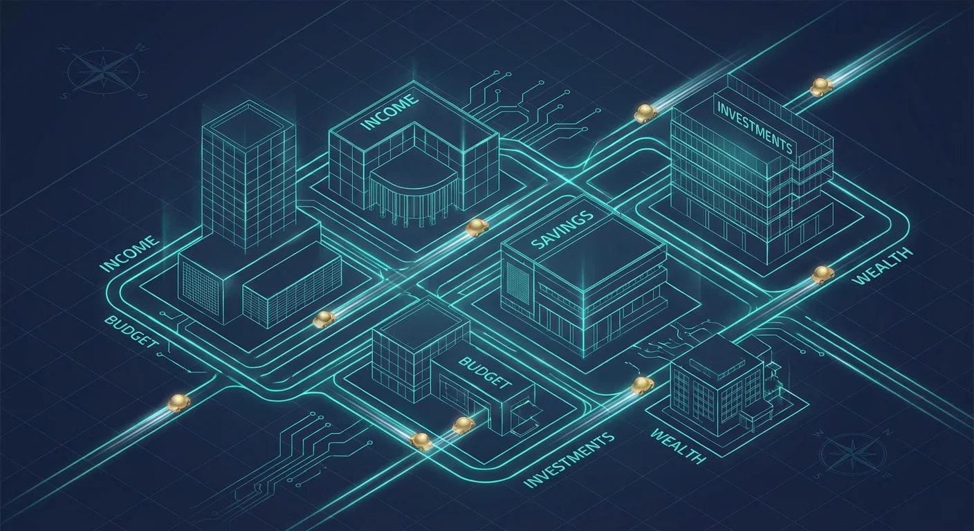 A glowing digital blueprint showing interconnected nodes and moving golden spheres.