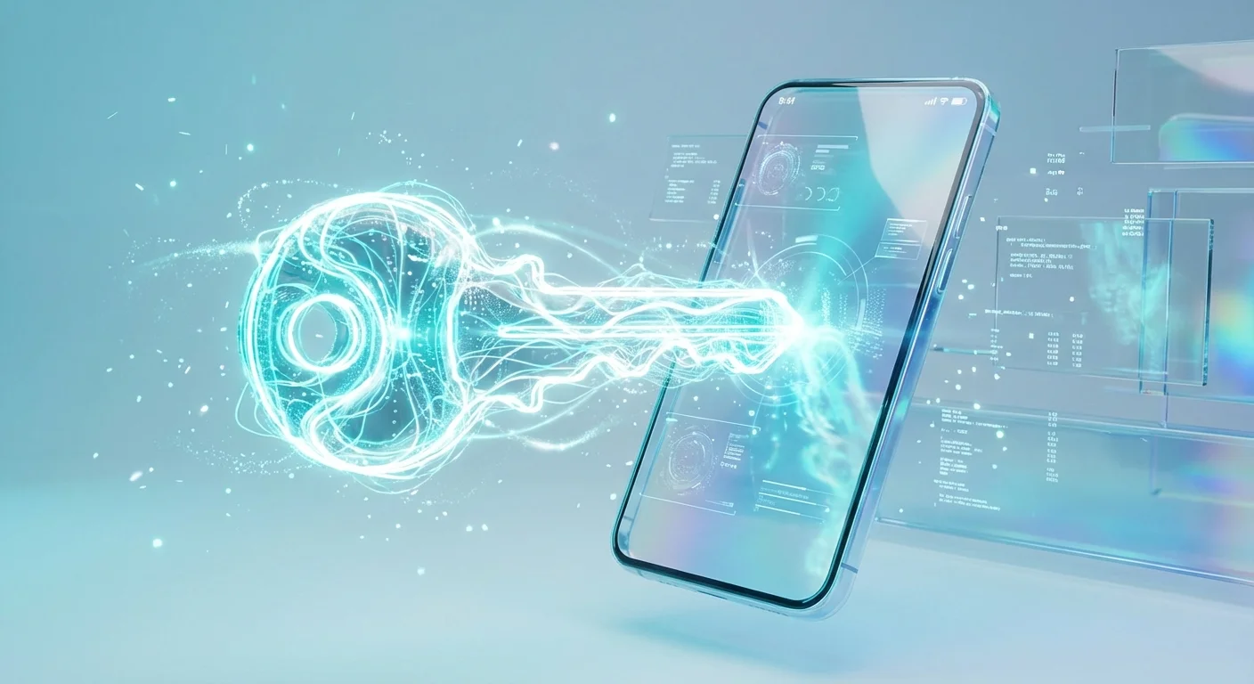 A glowing digital key merging with a smartphone to represent passkey technology.