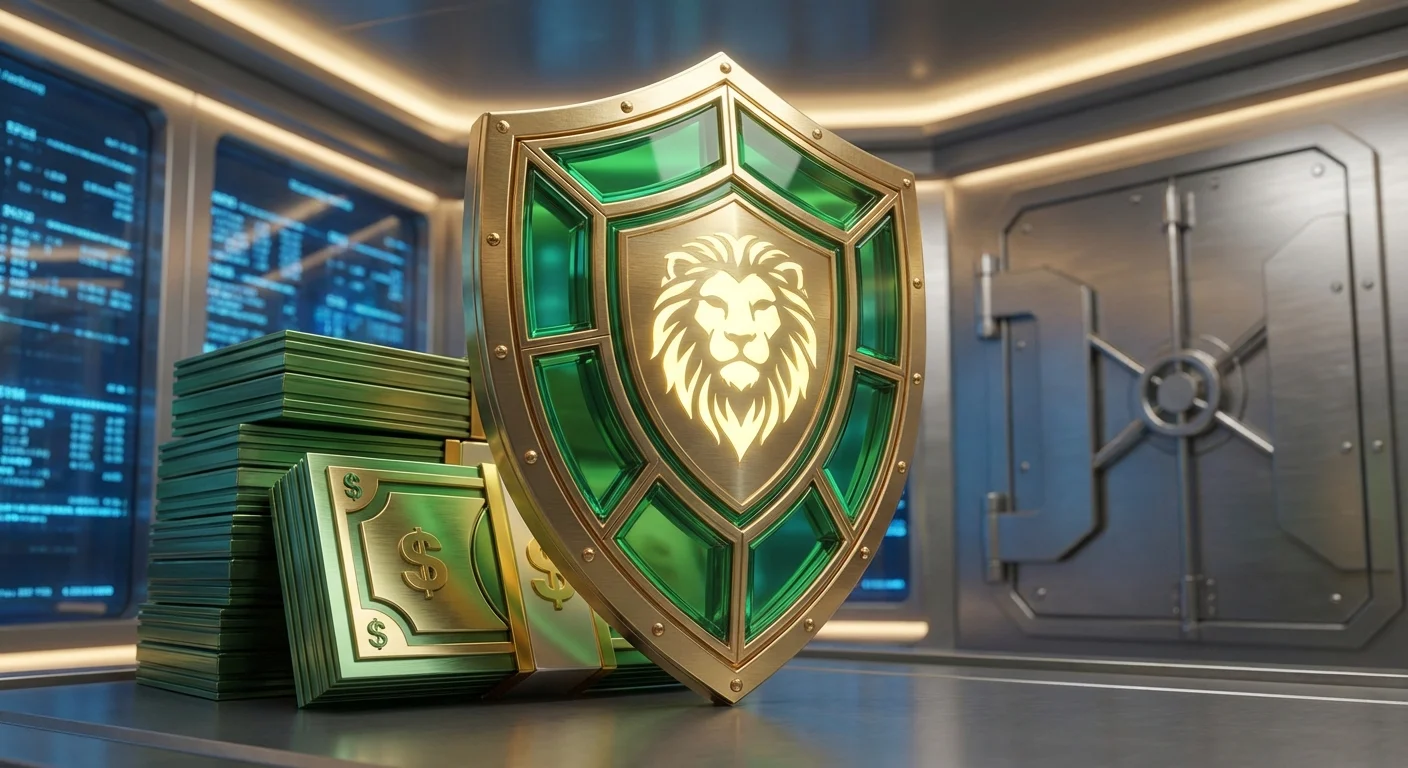 A gold and emerald 3D shield protecting a stack of money in a high-tech vault.