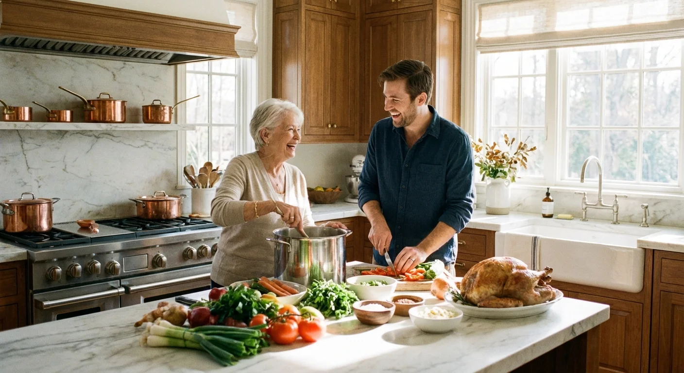 A grandfather and father cooking together, illustrating the efficiency of shared household resources.