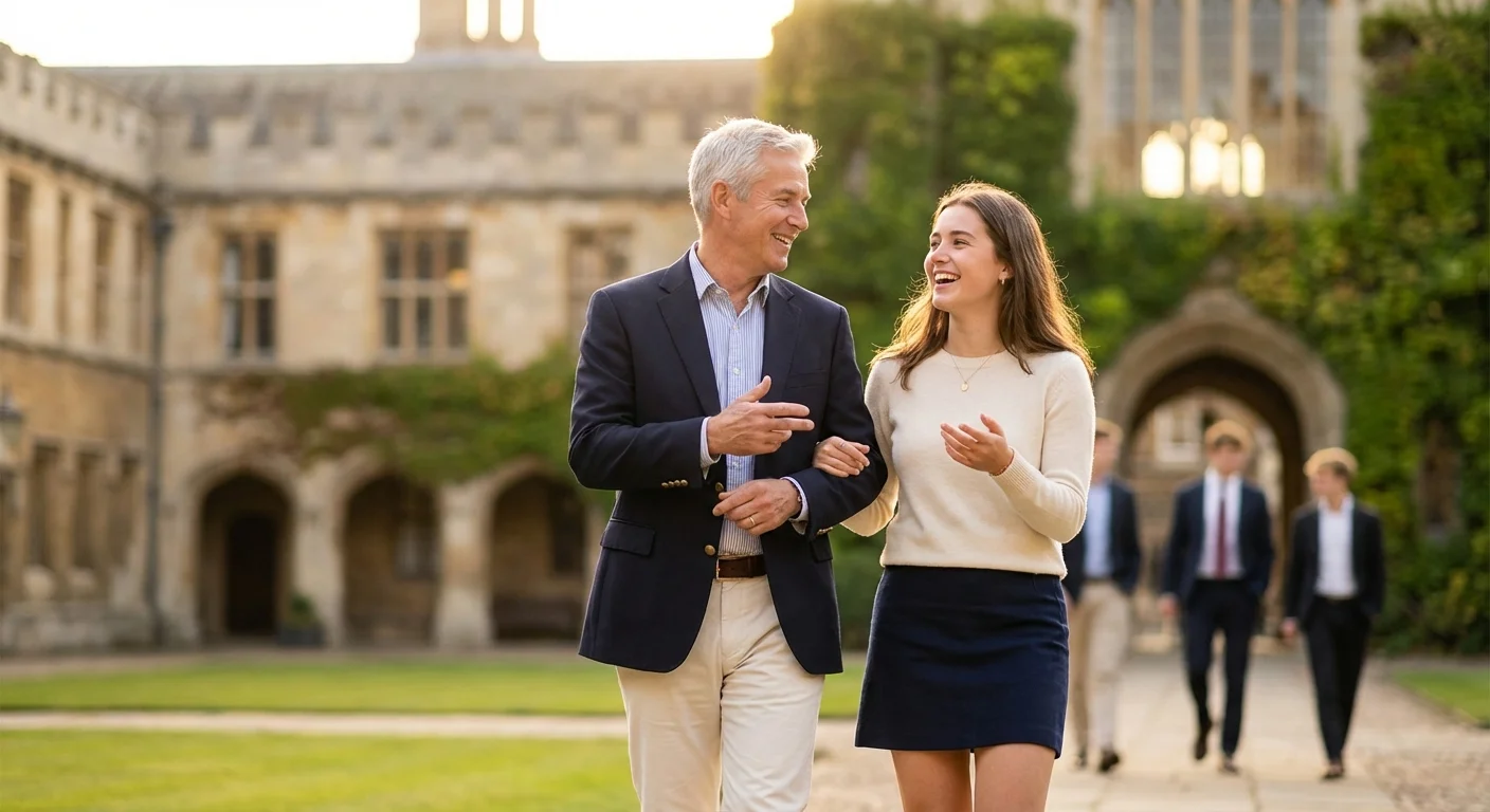 A grandfather and granddaughter walking on a sunlit college campus, symbolizing tax-free educational gift payments.