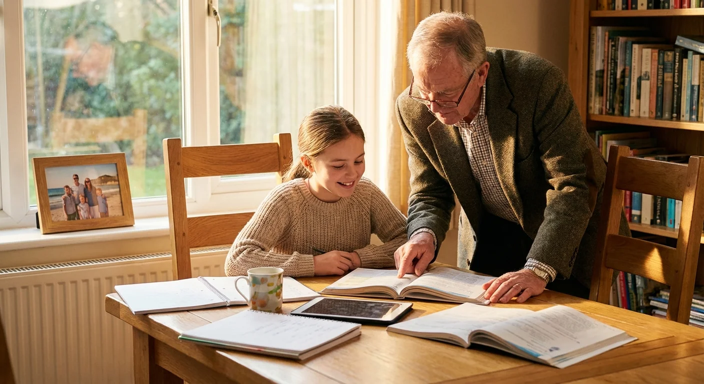 A grandfather assisting his granddaughter with homework at a dining table.