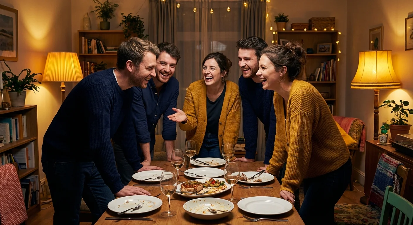 A group of friends laughing and sharing a meal in a cozy, modern apartment.
