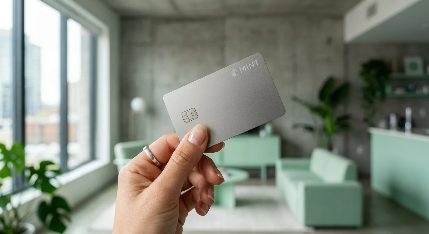 A hand holding a credit card with a blurred city background.