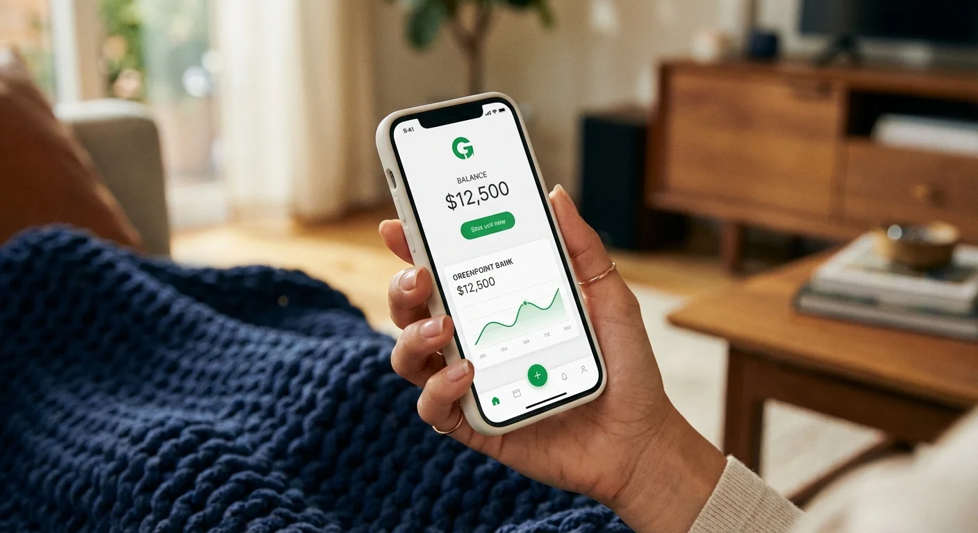 A hand holding a smartphone showing a banking app, representing digital high-yield savings.