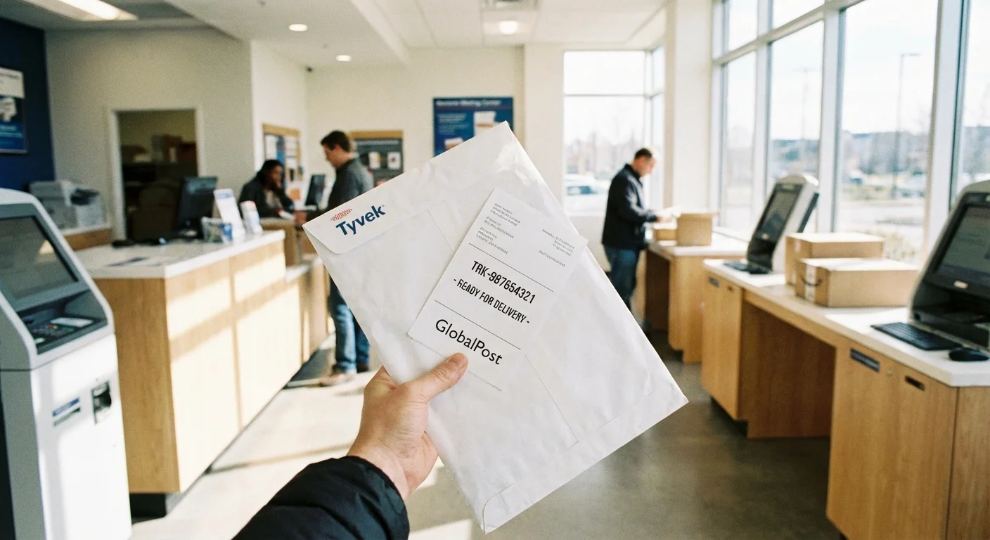 A hand holding a white envelope with a mailing receipt at a post office.