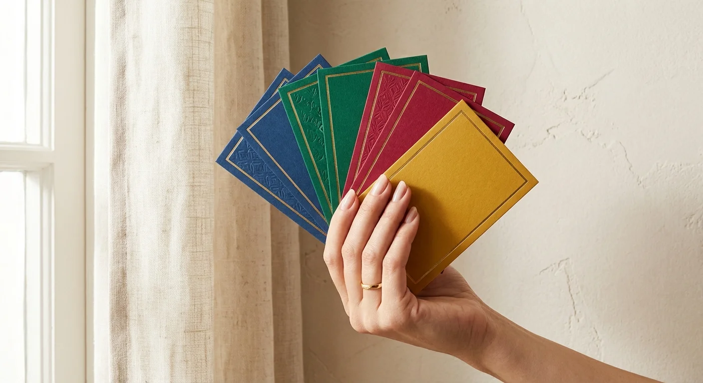 A hand holding several different gift cards in a fan shape.