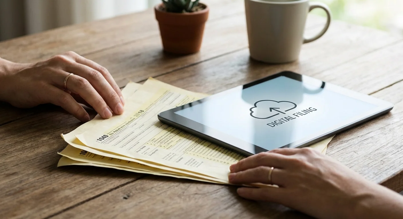 A hand moving paper documents aside to reveal a digital tablet on a wooden desk.
