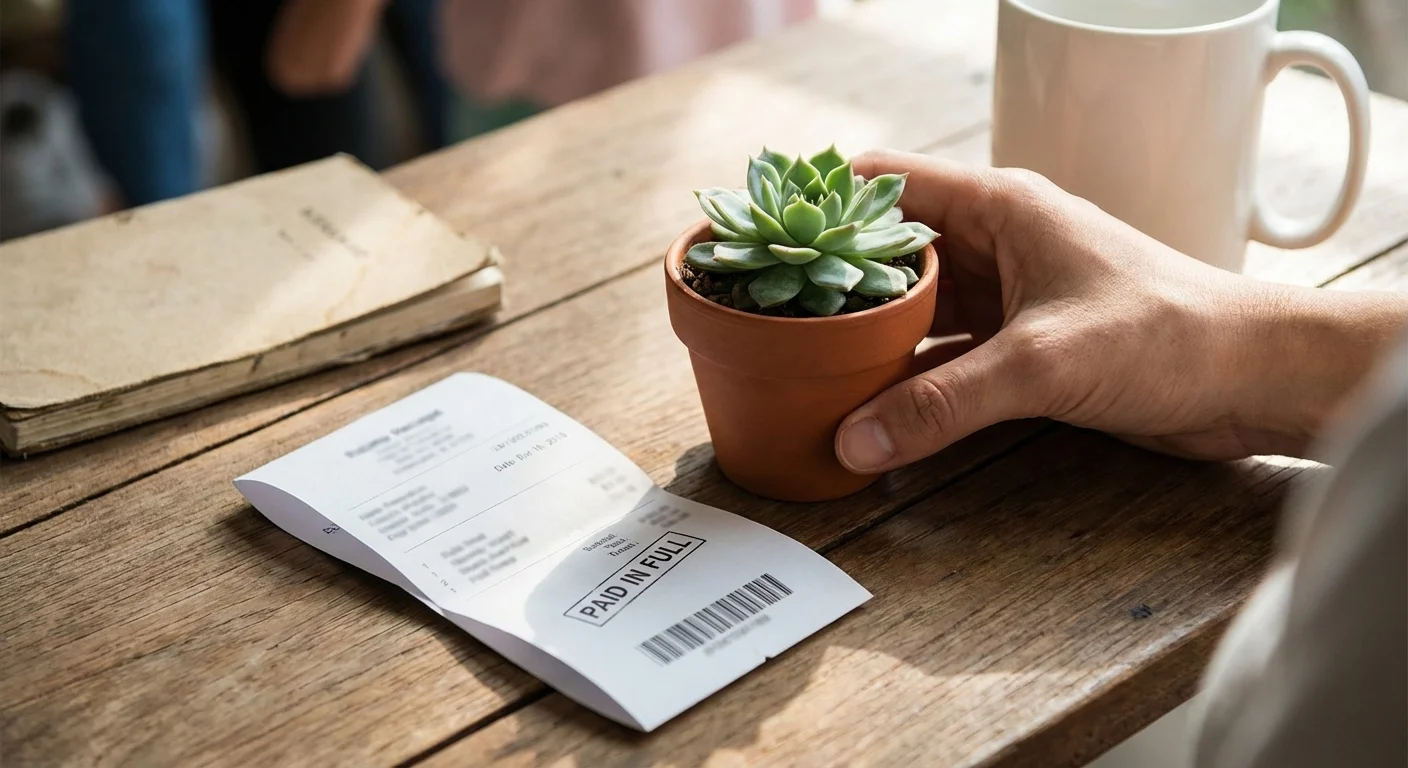 A hand placing a plant next to a paid receipt, symbolizing financial growth and debt reduction.