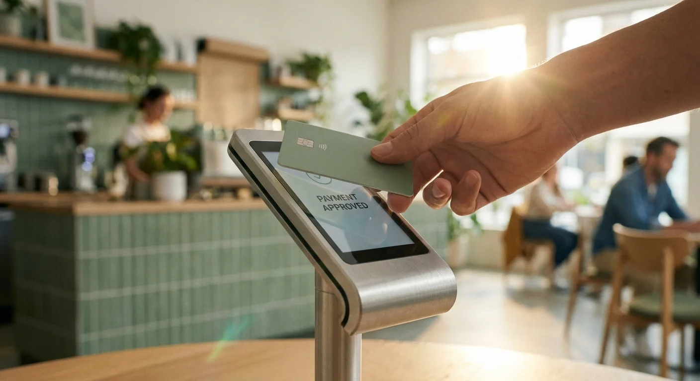 A hand tapping a card on a modern payment terminal in a sunlit cafe.
